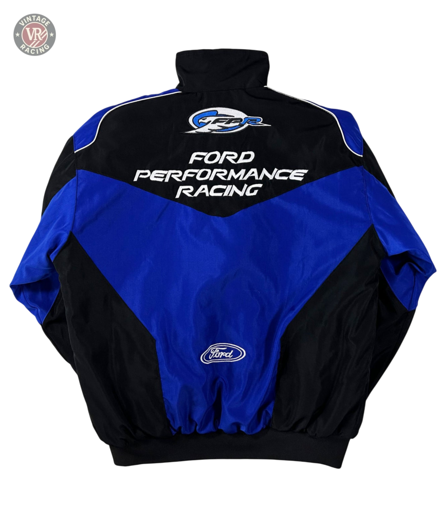 The Ford Vintage Jacket - Performance Edition, shown in black and blue from the back, displays the Ford logo and Ford Performance Racing in white—an ideal choice for motorsport enthusiasts.