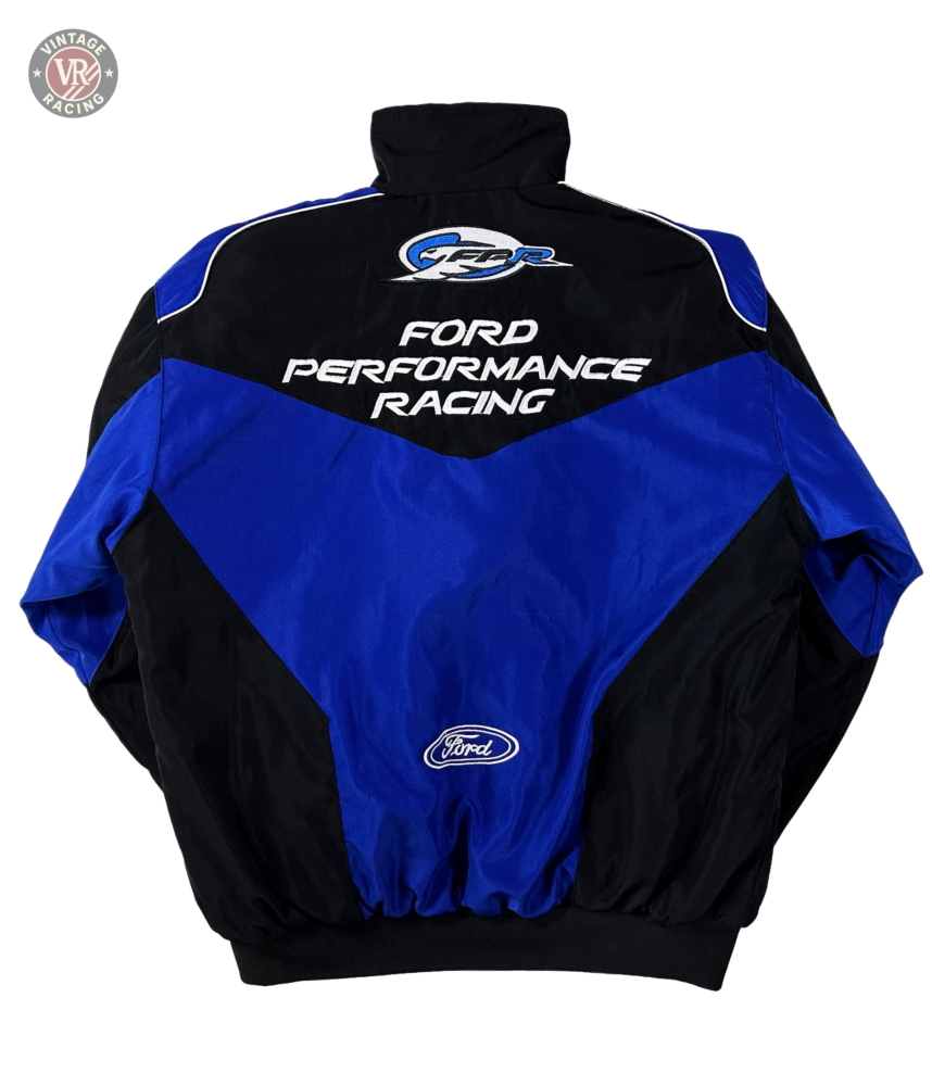 The Ford Vintage Jacket - Performance Edition, shown in black and blue from the back, displays the Ford logo and Ford Performance Racing in white—an ideal choice for motorsport enthusiasts.