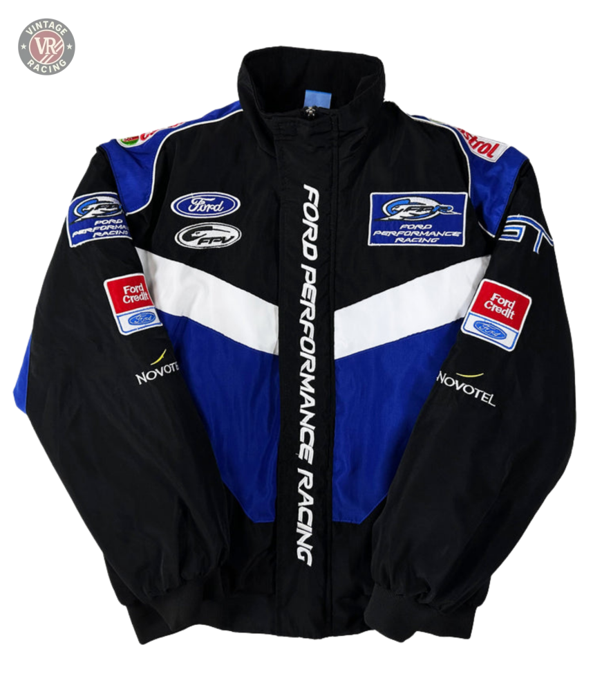 The Ford Vintage Jacket - Performance Edition is a black and blue jacket featuring white diagonal stripes, FORD PERFORMANCE RACING text down the front, and sponsor logos including Ford, Castrol, and Ford Credit. Inspired by racing heritage.