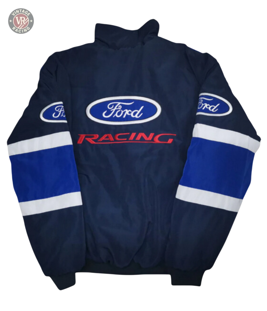 The Ford Vintage Jacket - Racing Edition features navy blue fabric, blue and white sleeve stripes, white Ford logos on the back and sleeves, plus red RACING lettering—showcasing classic muscle car heritage and retro motorsport style.