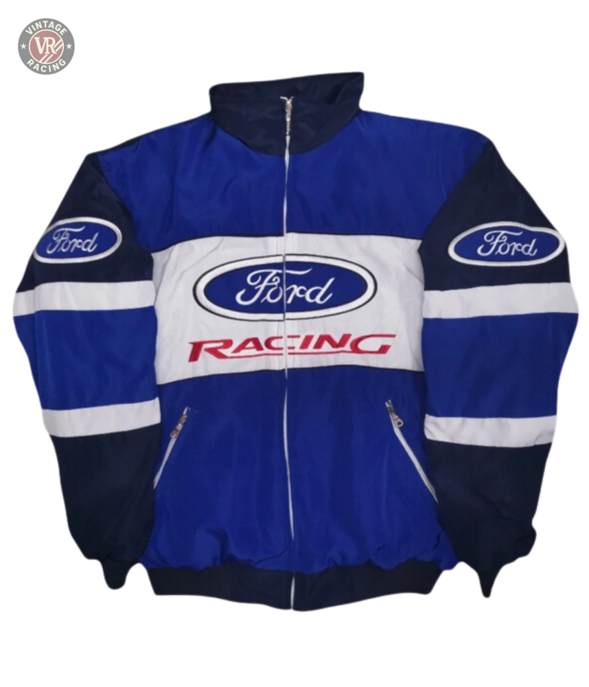 The Ford Vintage Jacket - Racing Edition is a blue and white jacket with the Ford logo on the chest and sleeves, RACING in red below the main logo, plus a front zipper and two zippered pockets—perfect retro motorsport style.