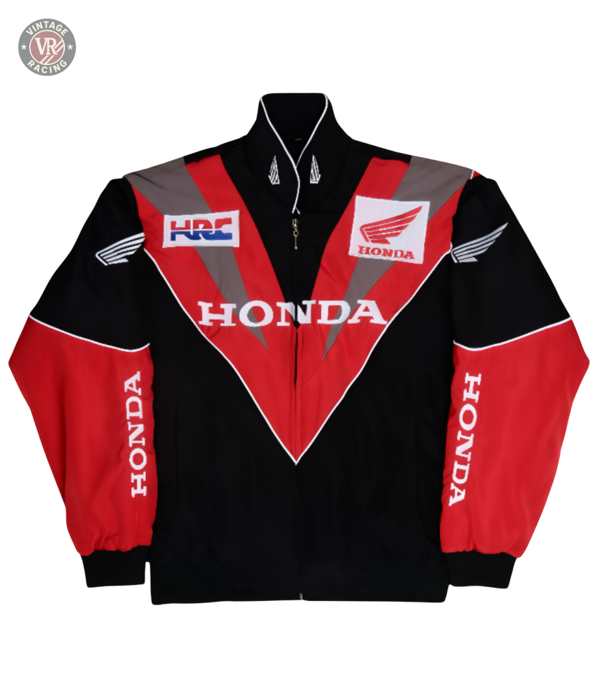 The Honda Vintage Racing Jacket showcases a black and red design with the Honda logo, HONDA text, and HRC patch on the front. White HONDA lettering accents the sleeves. It features a zip-up front and stand-up collar for a classic racing look.