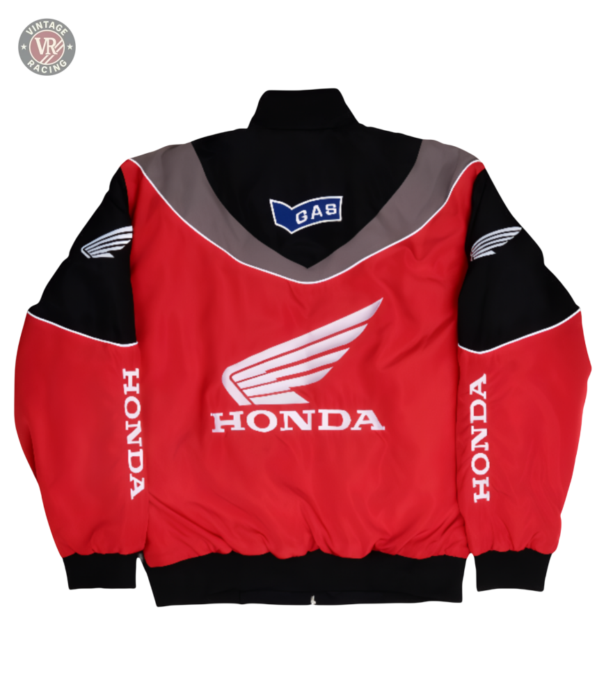 The Honda Vintage Racing Jacket in red and black features bold white Honda logos, wing emblems on the back and sleeves, and a blue GAS patch on the upper back for a classic vintage racing style.