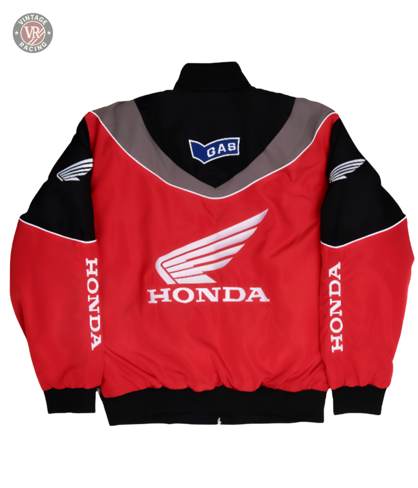 The Honda Vintage Racing Jacket in red and black features bold white Honda logos, wing emblems on the back and sleeves, and a blue GAS patch on the upper back for a classic vintage racing style.