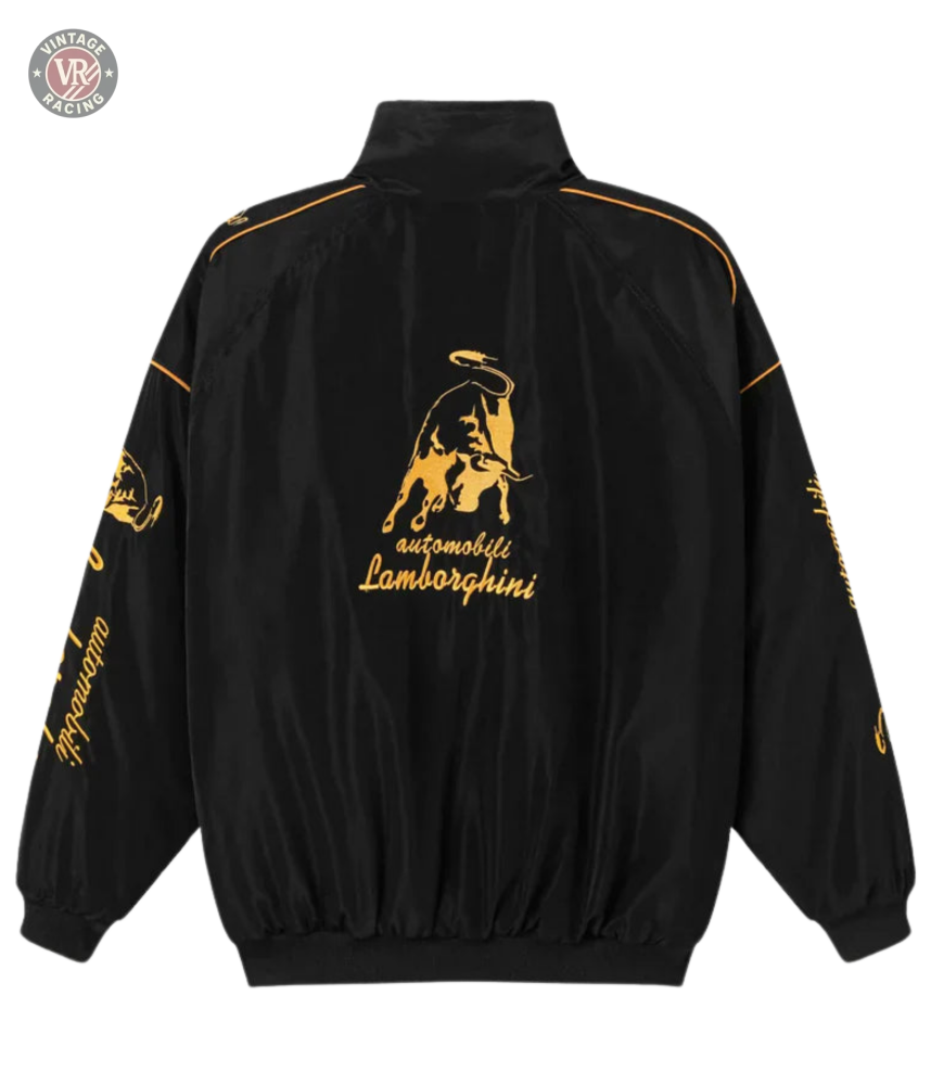 The Lamborghini Vintage Racing Jacket features black fabric, yellow embroidered logos, and a striking bull emblem—ideal for motorsport fans wanting retro racing style with standout branding on the sleeves, shoulders, and back.