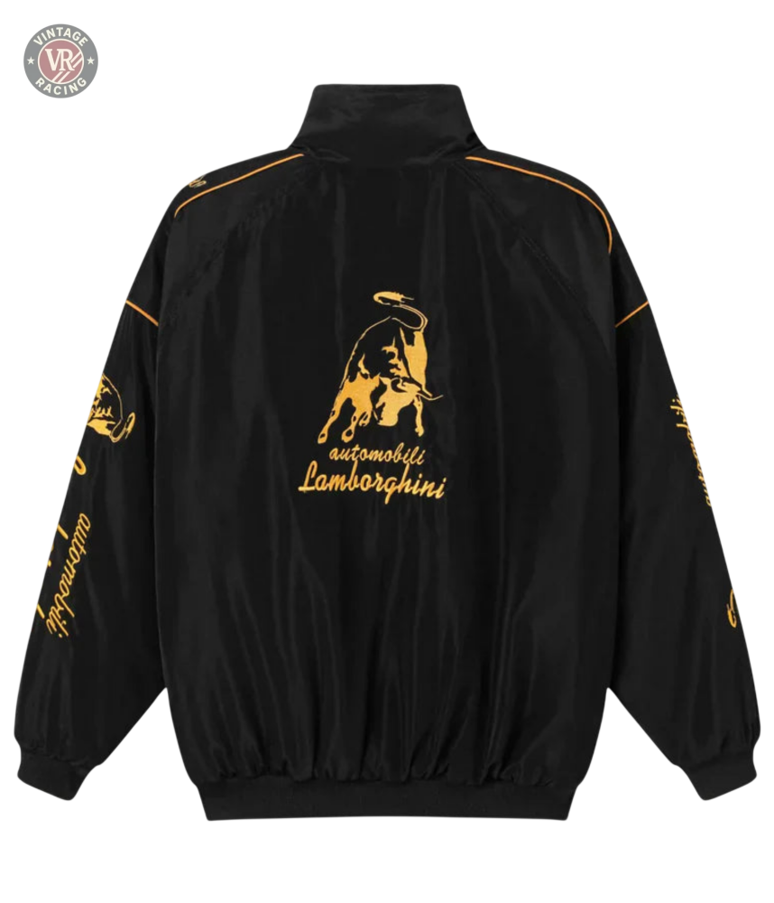 The Lamborghini Vintage Racing Jacket features black fabric, yellow embroidered logos, and a striking bull emblem—ideal for motorsport fans wanting retro racing style with standout branding on the sleeves, shoulders, and back.