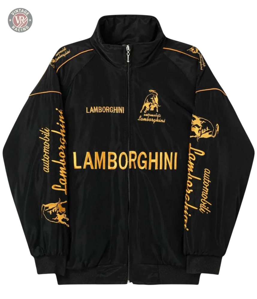 The Lamborghini Vintage Racing Jacket in black features gold embroidered Lamborghini logos and bold “Lamborghini” lettering on the front, sleeves, and shoulders—a perfect retro racing jacket for motorsport enthusiasts.
