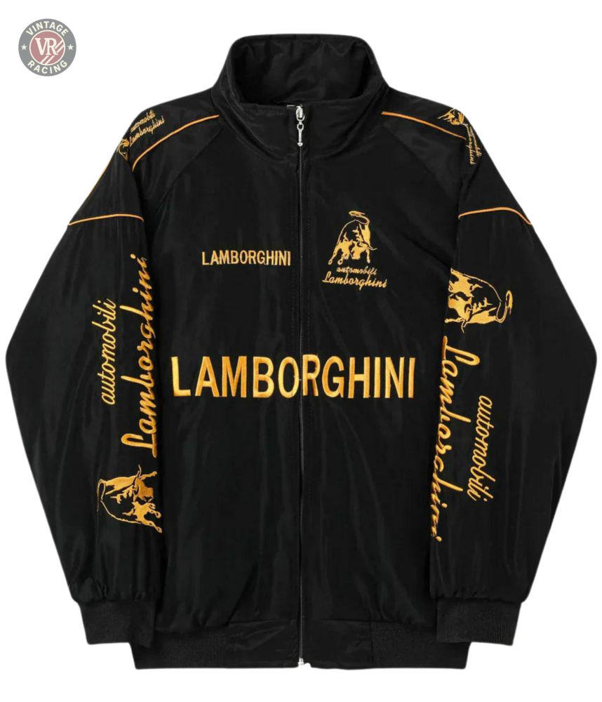 The Lamborghini Vintage Racing Jacket in black features gold embroidered Lamborghini logos and bold “Lamborghini” lettering on the front, sleeves, and shoulders—a perfect retro racing jacket for motorsport enthusiasts.