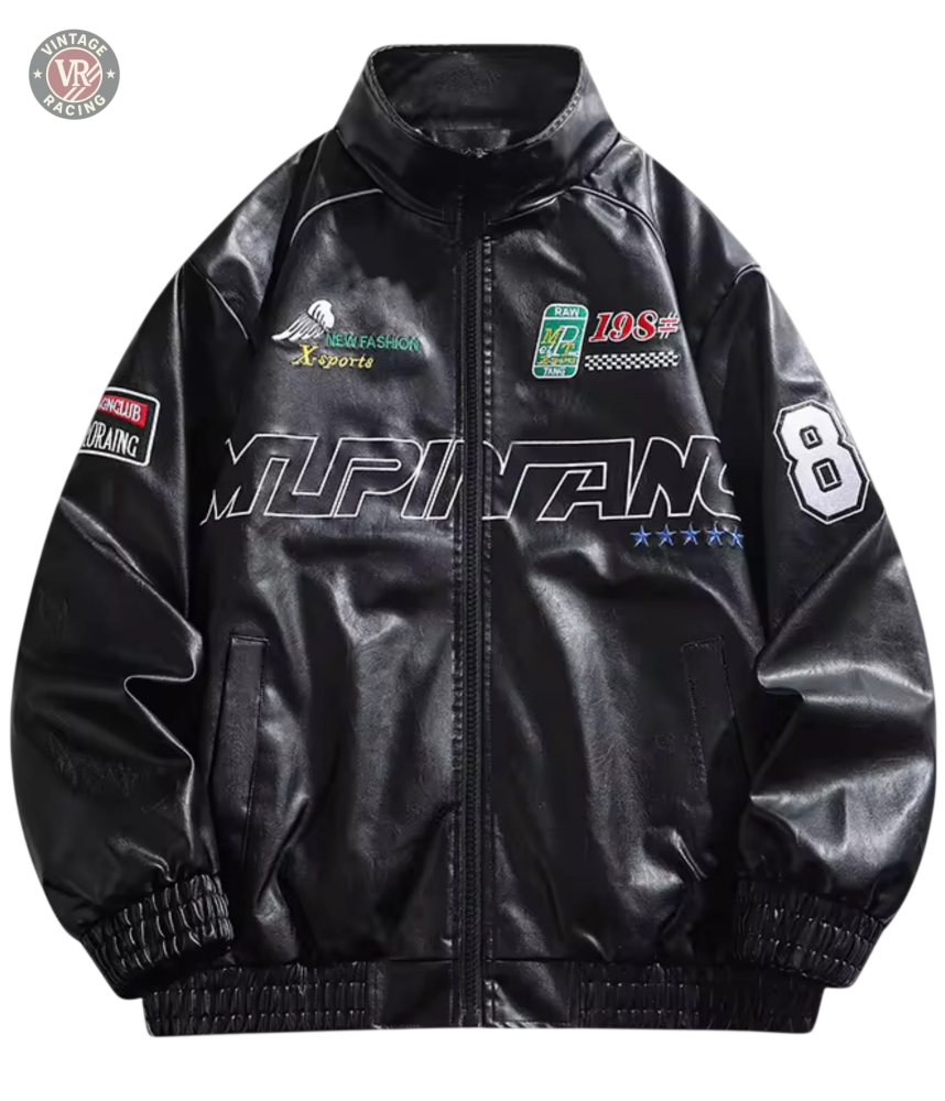 The LAP 85 Black Racing Jacket is F1-inspired with faux leather, embroidered 8 and MUPINIAN patches, sporty chest/sleeve graphics, a zip-up front, and elastic cuffs for an authentic vintage motorsport look.