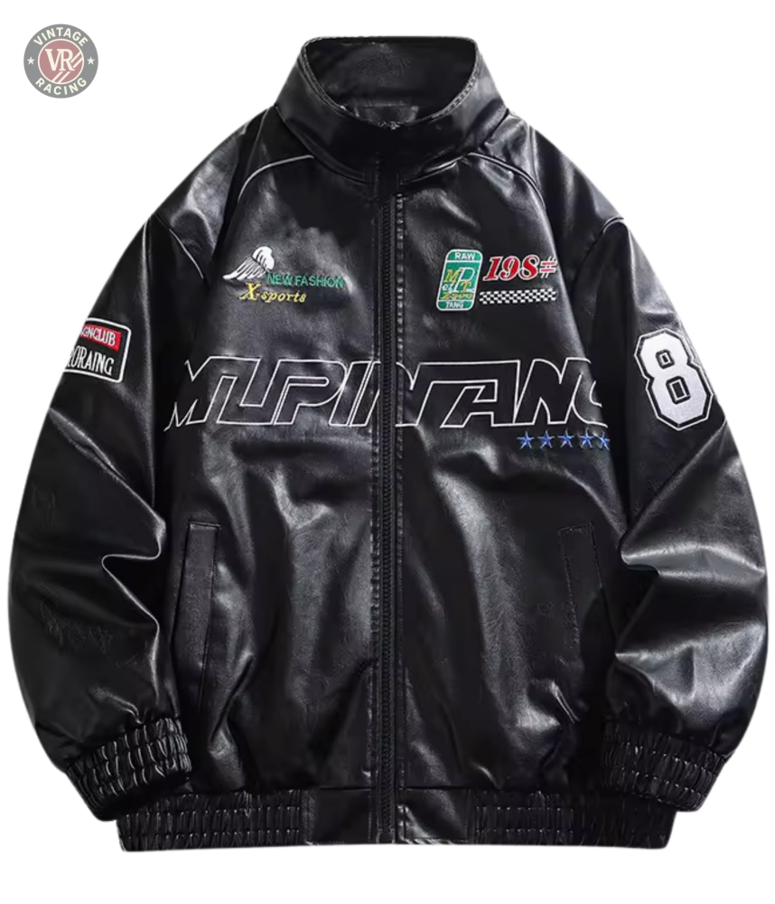 The LAP 85 Black Racing Jacket is F1-inspired with faux leather, embroidered 8 and MUPINIAN patches, sporty chest/sleeve graphics, a zip-up front, and elastic cuffs for an authentic vintage motorsport look.