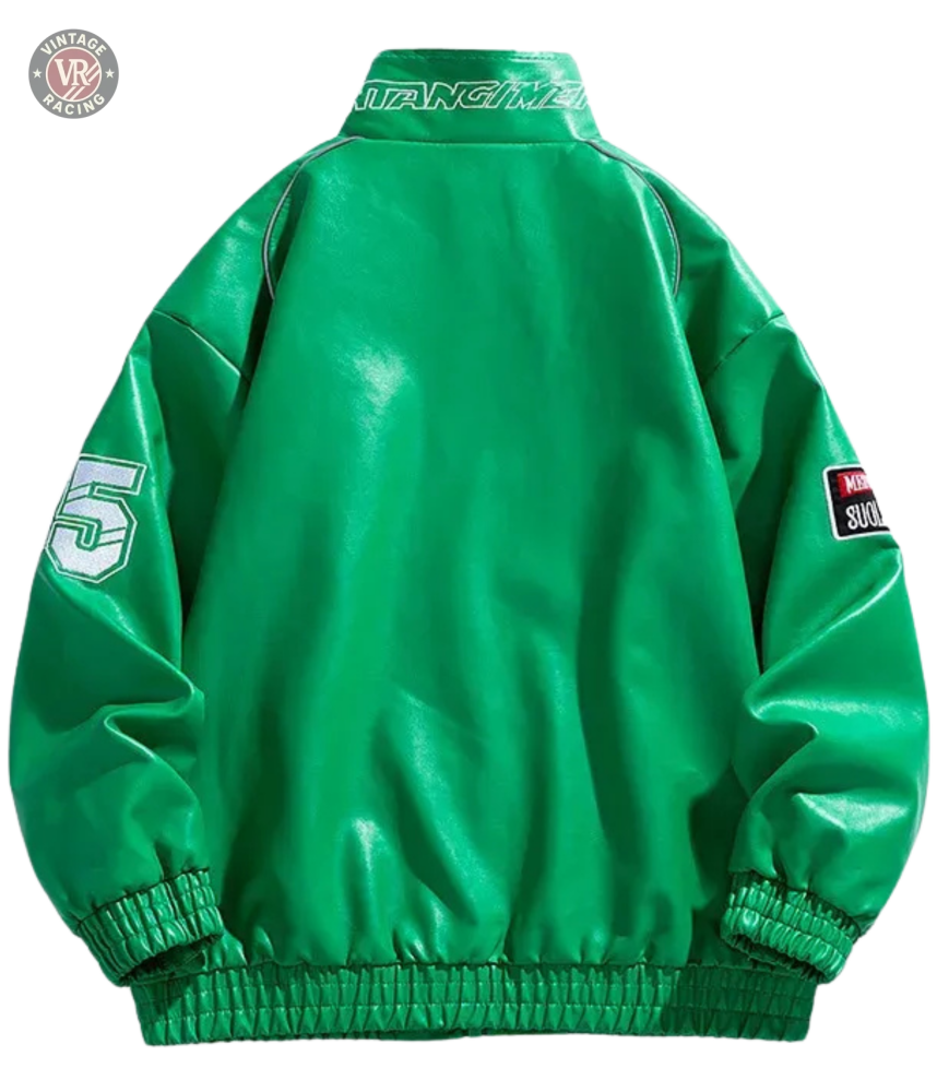 The LAP 85 Green Racing Jacket features a shiny bright green finish, elastic cuffs and hem, a white 5 on the right sleeve, black and red motorsport streetwear patch on the left sleeve, and text on the collar. Shown from the back.