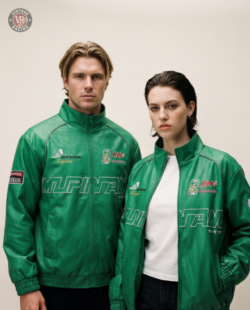 Two people stand side by side, both wearing LAP 85 Green Racing Jackets with bold white graphics and text. Facing the camera with neutral expressions, they showcase a motorsport streetwear vibe against a plain light background.