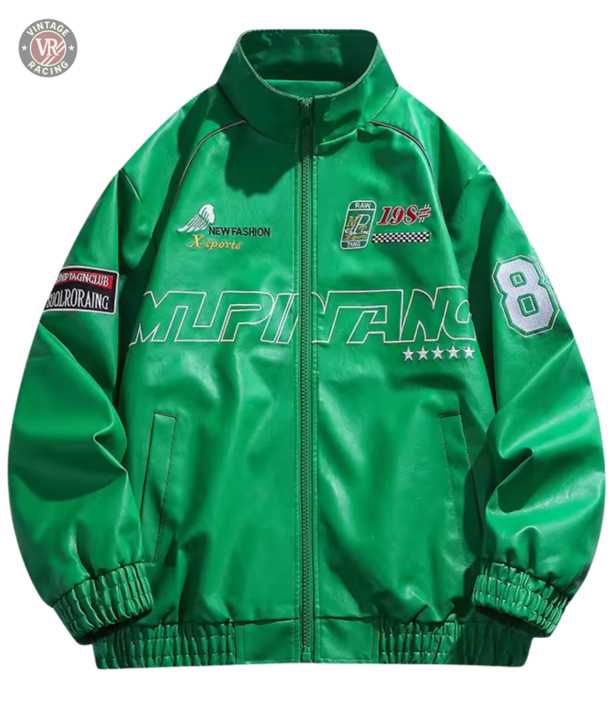 The LAP 85 Green Racing Jacket features a bright green design with racing-style patches, including a bold number 8 on the right sleeve, MUPINANG across the front, assorted logos and stars, elastic cuffs, and a classic zipper front.