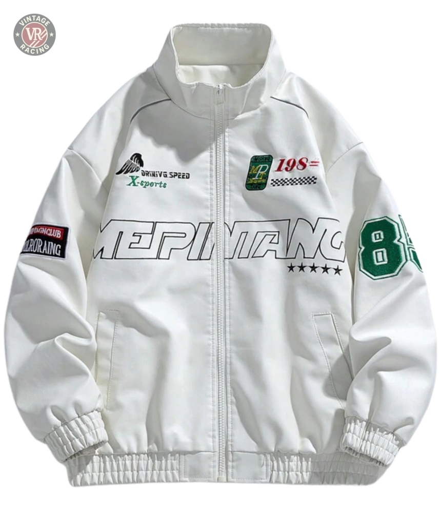 The LAP 85 White Racing Jacket features racing-themed patches, green and red numbers, MEPIANO text on the front, elastic cuffs and hem, plus retro stars and checkered flag graphics for authentic streetwear style.