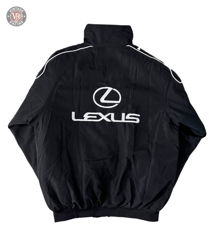 The Lexus Vintage Racing Jacket features a black design with white shoulder piping and the Lexus logo and name embroidered in white on the back—ideal for fans of luxury motorsport style.