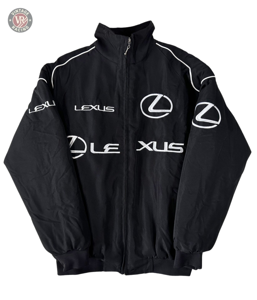 The Lexus Vintage Racing Jacket is a black zip-up with multiple white Lexus logos and LEXUS on the front, sleeves, and shoulders. Featuring a high collar and elastic cuffs, this automotive-inspired jacket blends modern luxury and motorsport style.