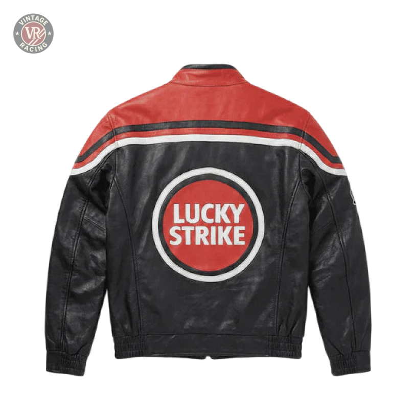 The Lucky Strike Vintage Racing Leather Jacket - Red & Black Edition features black leather with red accents and a bold circular “Lucky Strike” logo in white and red on the back, displayed flat against a white background.