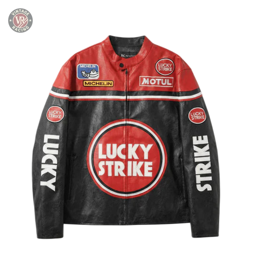 The Lucky Strike Vintage Racing Leather Jacket - Red & Black Edition features large Lucky Strike logos on the chest, sleeves, and back, plus small Michelin and Motul patches on the upper front.