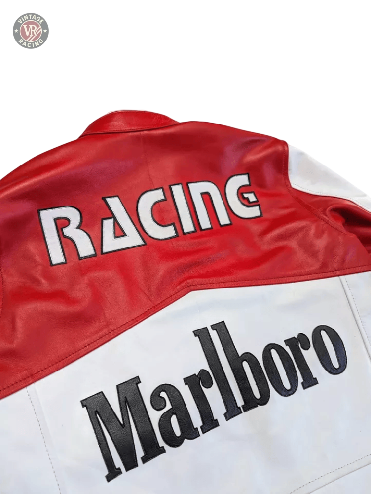 A close-up of the Marlboro Racing Leather Jacket shows large black RACING text on the red upper back and Marlboro on the white lower section, capturing this retro motorsport style.