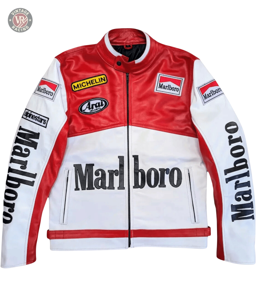 The Marlboro Racing Leather Jacket showcases Michelin, Arai, and Alpinestars logos, plus bold Marlboro branding on the chest and sleeves—a retro 90s F1-inspired design in red and white.