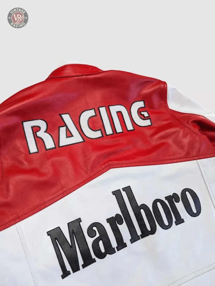 A close-up of the Marlboro Racing Leather Jacket shows large black RACING text on the red upper back and Marlboro on the white lower section, capturing this retro motorsport style.