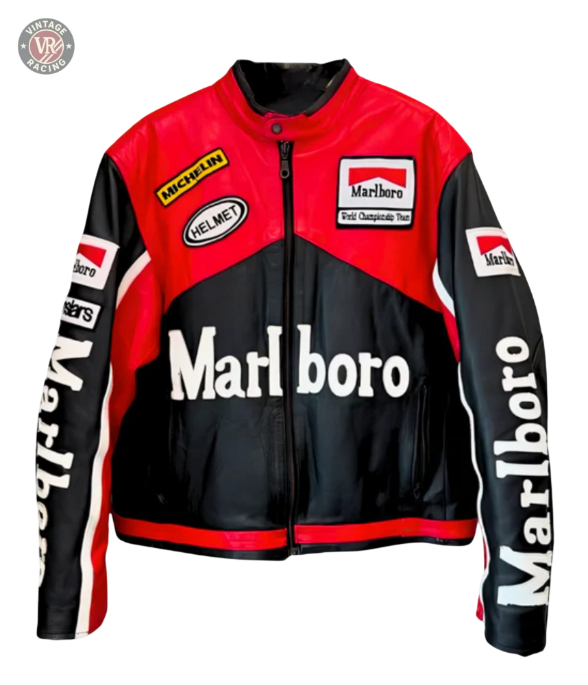 The Marlboro Racing Leather Jacket - Black Edition features bold red accents, large Marlboro logos on the chest and sleeves, and Michelin, HELMET, and World Championship Team patches—a true statement in motorsport streetwear.