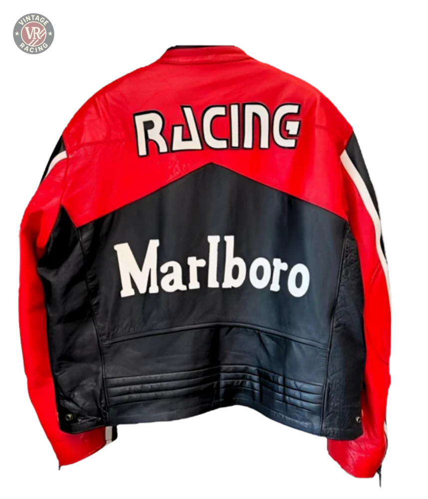 The Marlboro Racing Leather Jacket - Black Edition is a motorsport streetwear piece in black and red, featuring RACING in white on the upper back and a bold Marlboro logo on the lower back.