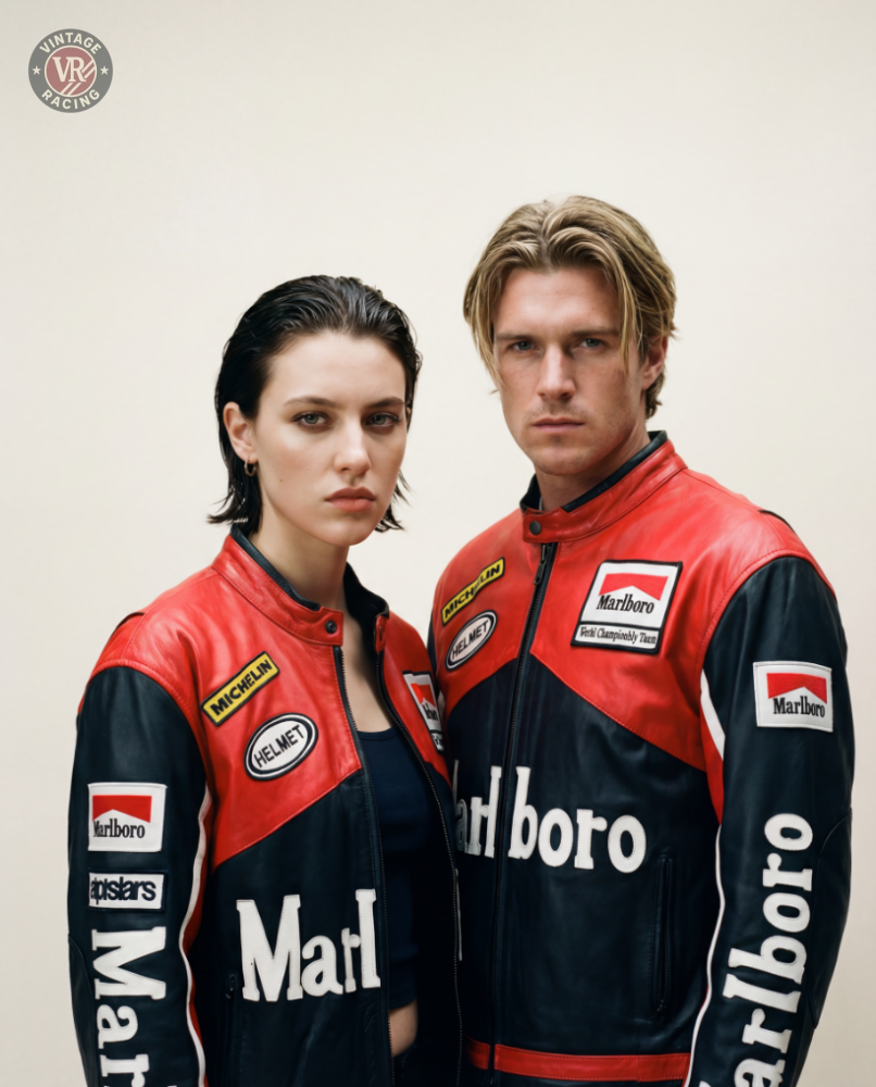 Two people stand side by side in matching Marlboro Racing Leather Jacket - Black Edition, sporting motorsport streetwear style with sponsor patches, facing the camera against a plain light background.