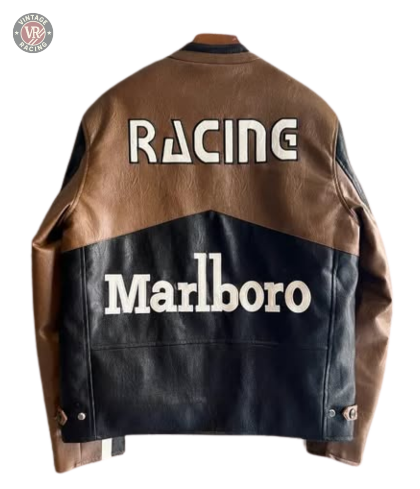 The Marlboro Racing Leather Jacket - Retro Edition features bold RACING and Marlboro prints on the back in brown and black, making it ideal for fans of vintage racing jacket designs and classic motorsport style.