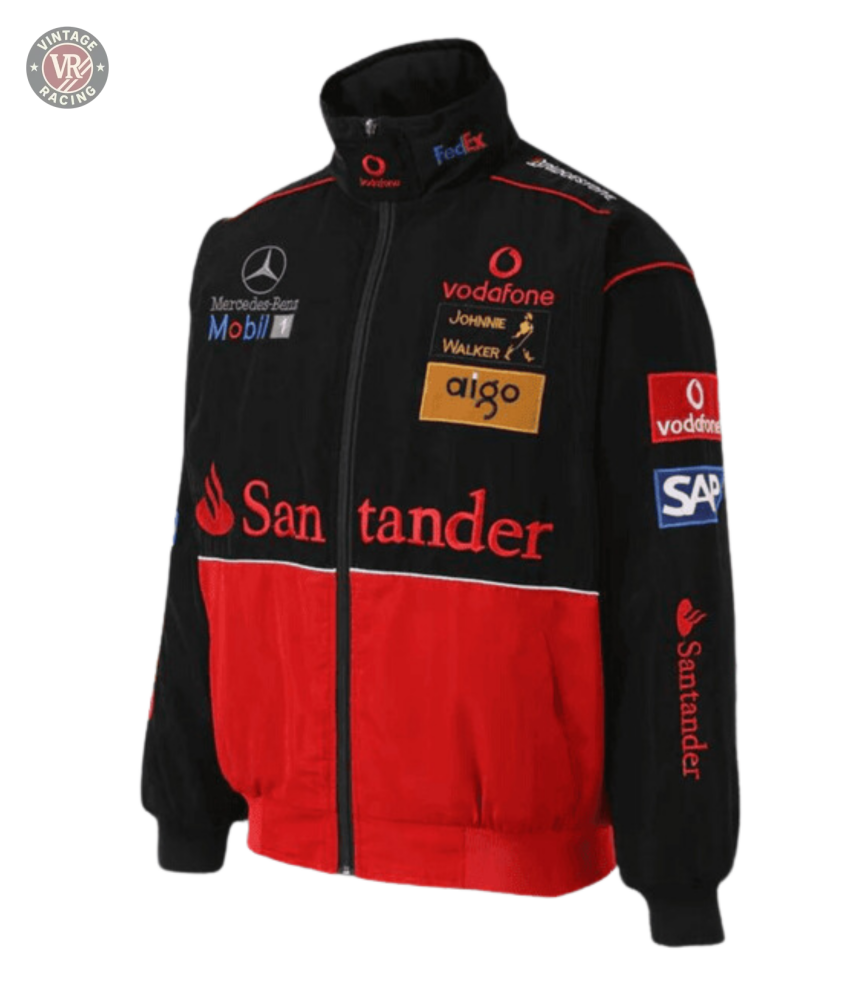The McLaren x Mercedes-Benz Vintage Jacket in black and red features sponsor logos like Santander, Vodafone, and Mobil 1, plus a front zipper and high collar—an ideal Grand Prix streetwear piece for any Formula 1 fan.