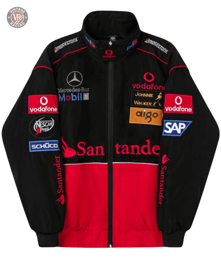 The McLaren x Mercedes-Benz Vintage Jacket in black and red features multiple sponsor logos—Santander, Vodafone, Bridgestone—delivering authentic Formula 1 streetwear for fans who want a classic Grand Prix look.
