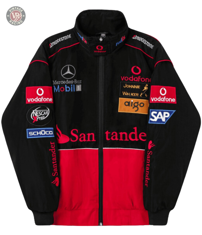 The McLaren x Mercedes-Benz Vintage Jacket in black and red features multiple sponsor logos—Santander, Vodafone, Bridgestone—delivering authentic Formula 1 streetwear for fans who want a classic Grand Prix look.