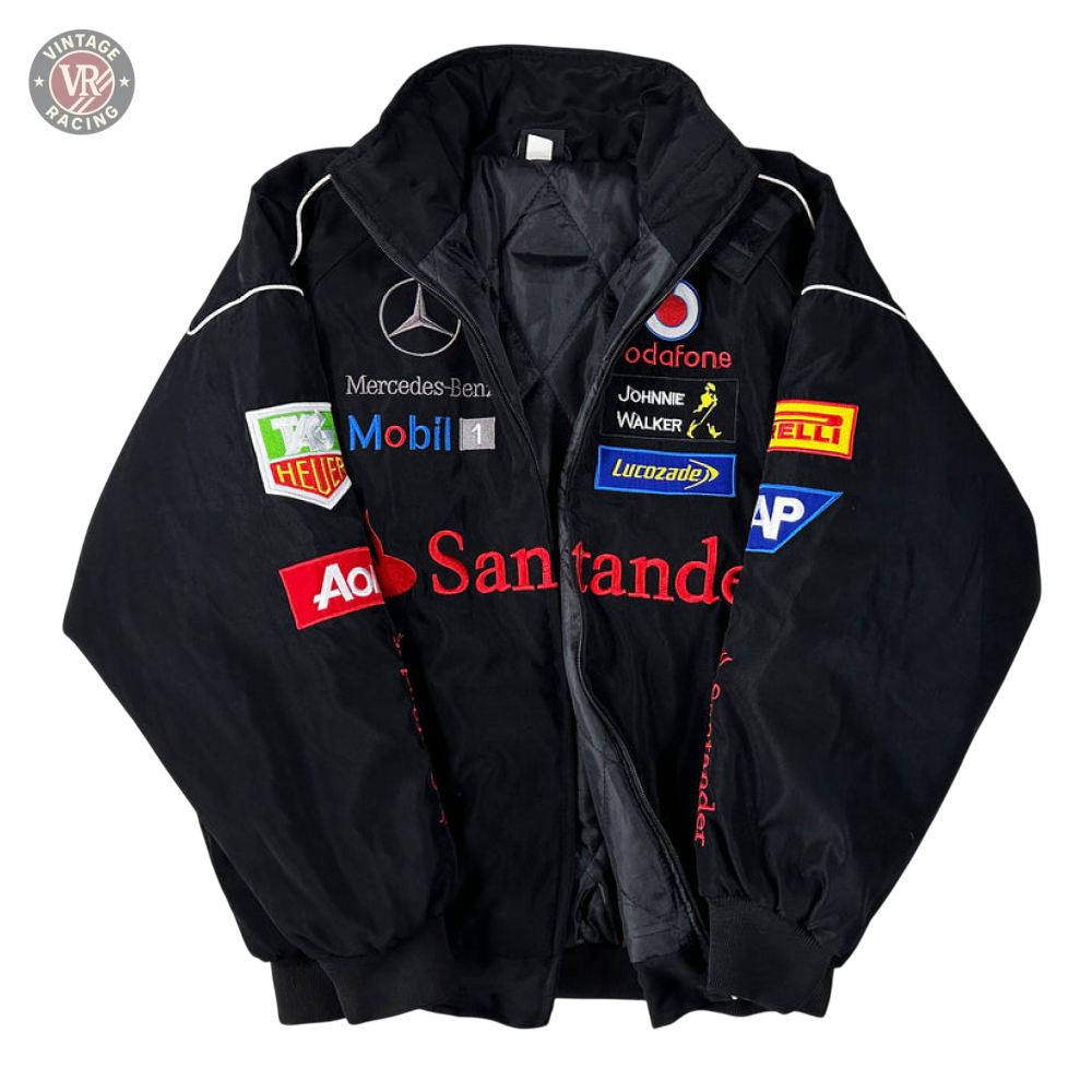 The Mercedes-Benz Santander Vintage Jacket in black, featuring authentic sponsor logos, showcases classic motorsport heritage and stealth racing style, displayed flat on a white surface.