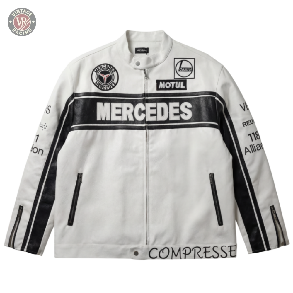 The Mercedes Vintage Racing Leather Jacket - White features black stripes, MERCEDES across the chest, racing-themed logos, and sponsor names on the arms and lower front.
