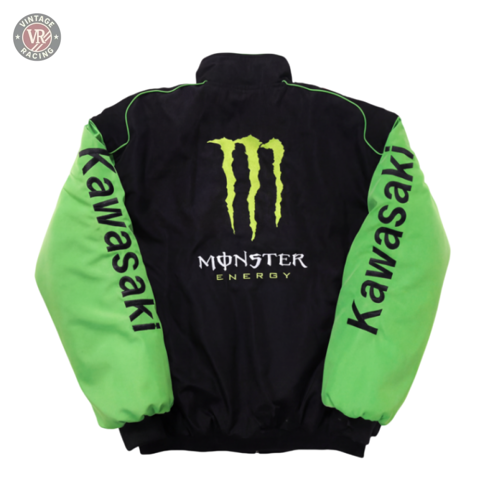 The Monster Kawasaki Vintage Racing Motorcycle Jacket is black and green, featuring bold Kawasaki lettering on both sleeves and a large Monster Energy logo with "Monster" on the back.
