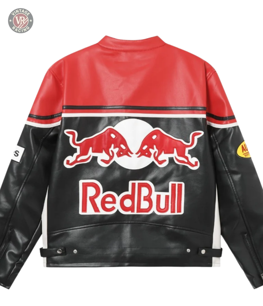 The Red Bull Leather Racing Jacket features a bold black and red design, eye-catching logos, two red bulls on the back, and sponsor patches on the sleeves—ideal for expressing your racing heritage.