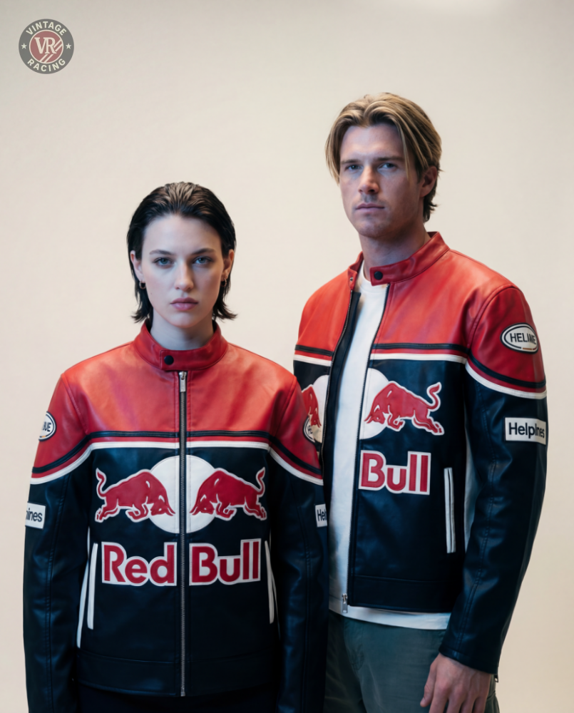 Two people stand side by side against a plain background, both wearing the Red Bull Leather Racing Jacket and looking directly at the camera with neutral expressions, highlighting their Red Bull racing pride.