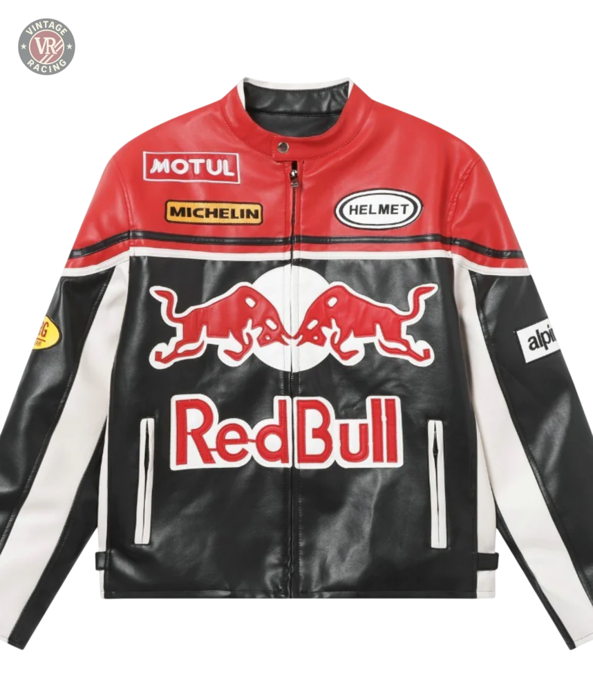 The Red Bull Leather Racing Jacket showcases bold Motul, Michelin, and Alpinestars logos with dynamic graphics on red, black, and white leather—blending stylish design and racing heritage across the front and sleeves.