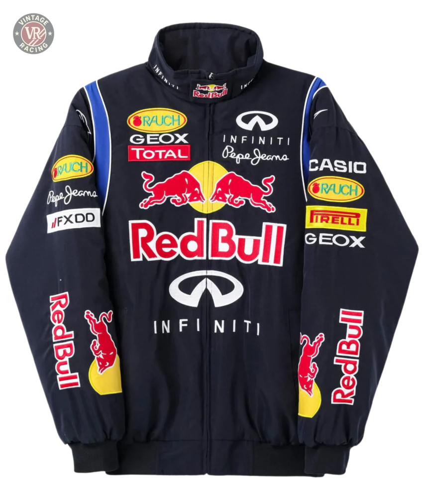 The Red Bull Racing F1 Jacket is a navy blue collector piece featuring bold sponsor patches—Red Bull, Infiniti, Geox, Casio, Pirelli, and Rauch—on the front, sleeves, and shoulders for true Formula 1 fans.