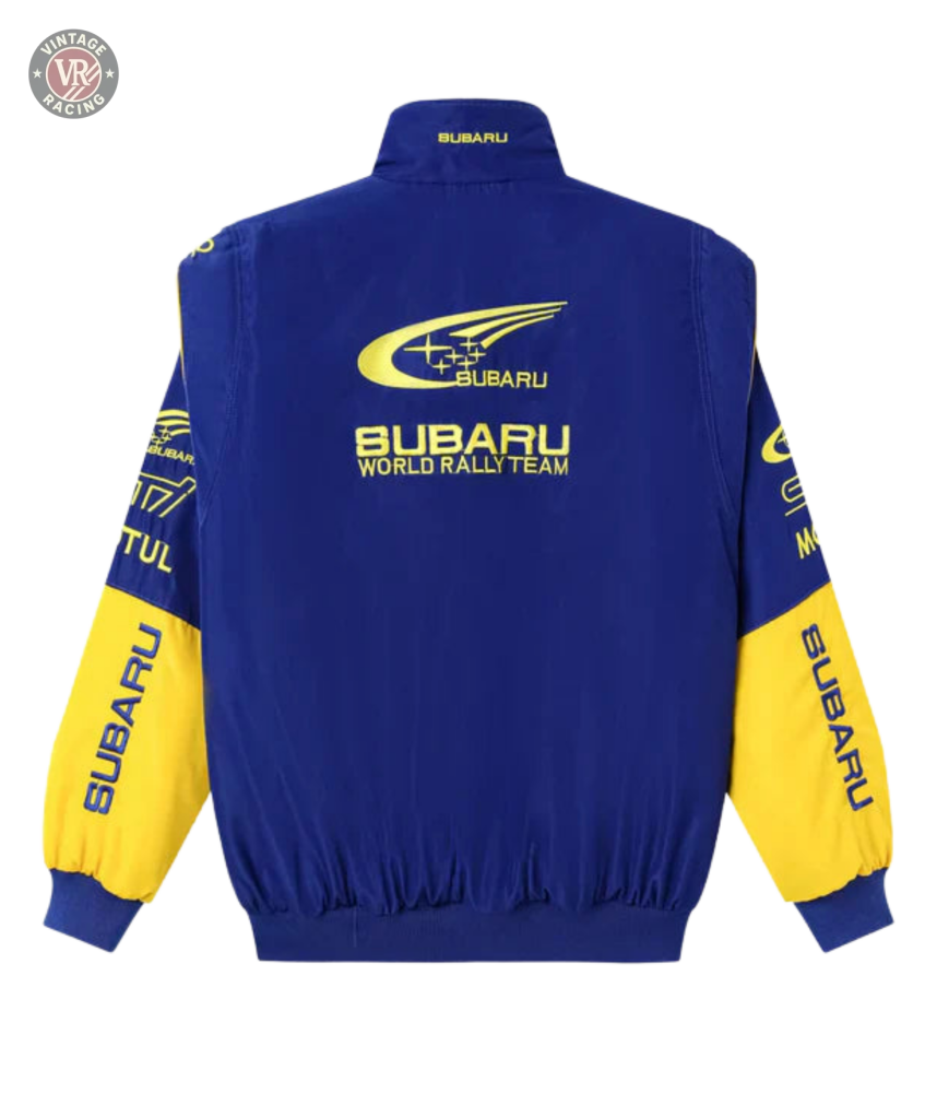 The Subaru World Rally Team Vintage Jacket showcases the iconic 555 livery, bold yellow Subaru branding on the back, sleeves, and collar, plus blue and yellow accents for a classic motorsport style.