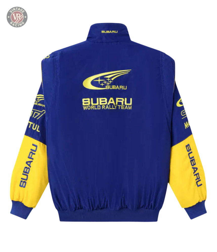 The Subaru World Rally Team Vintage Jacket showcases the iconic 555 livery, bold yellow Subaru branding on the back, sleeves, and collar, plus blue and yellow accents for a classic motorsport style.