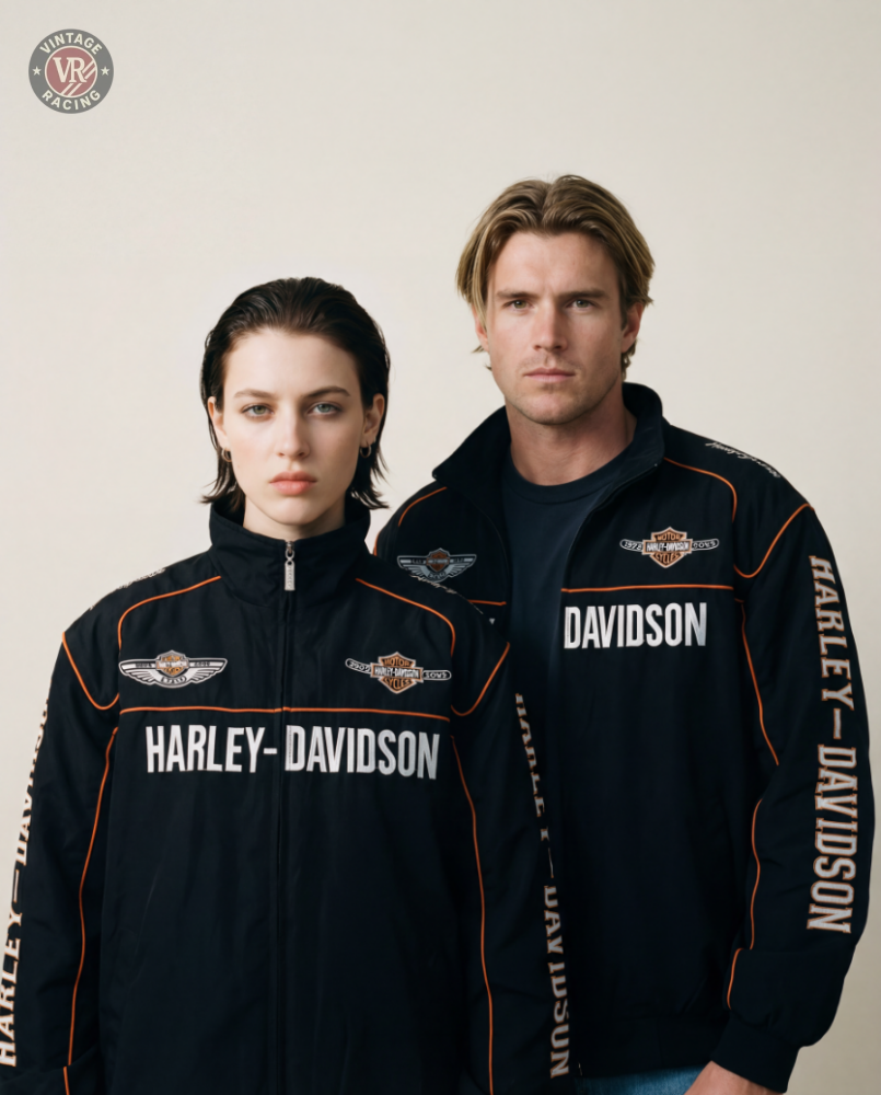 Two people wearing Vintage Harley Davidson Jackets stand side by side against a plain background, looking directly at the camera with neutral expressions.